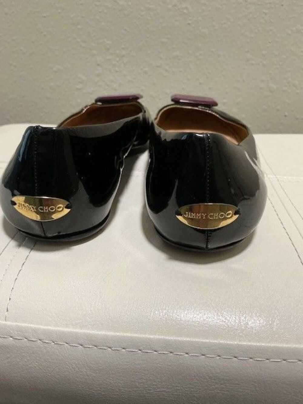 Jimmy Choo Black Patent Leather Ballet Flats with Purple Toe Accent & Heel Logo - Picture 4 of 8